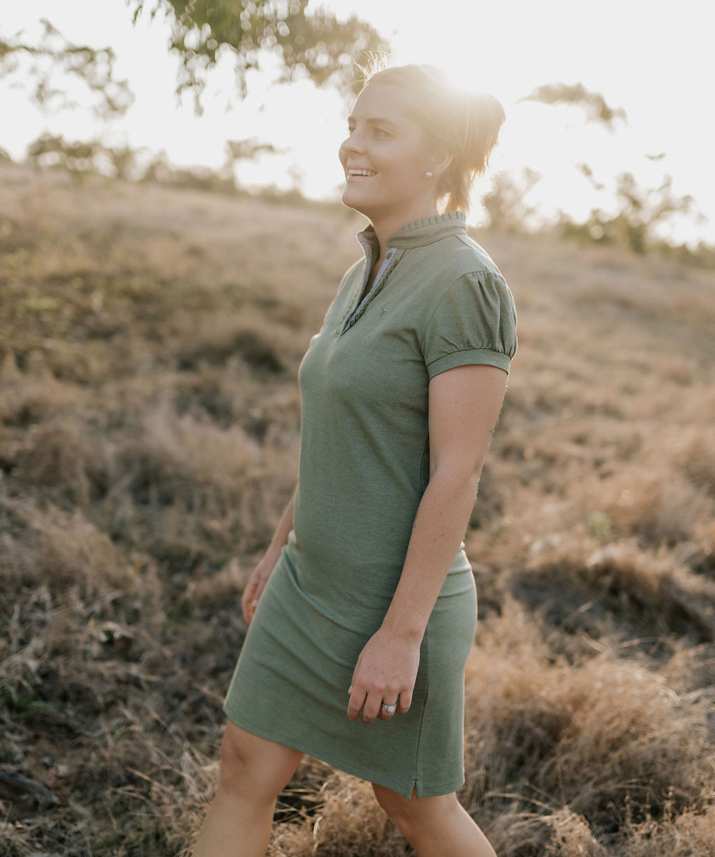 Katherine semi-fitted women's khaki polo dress worn showing polished country casual women's style