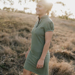 Katherine semi-fitted women's khaki polo dress worn showing polished country casual women's style