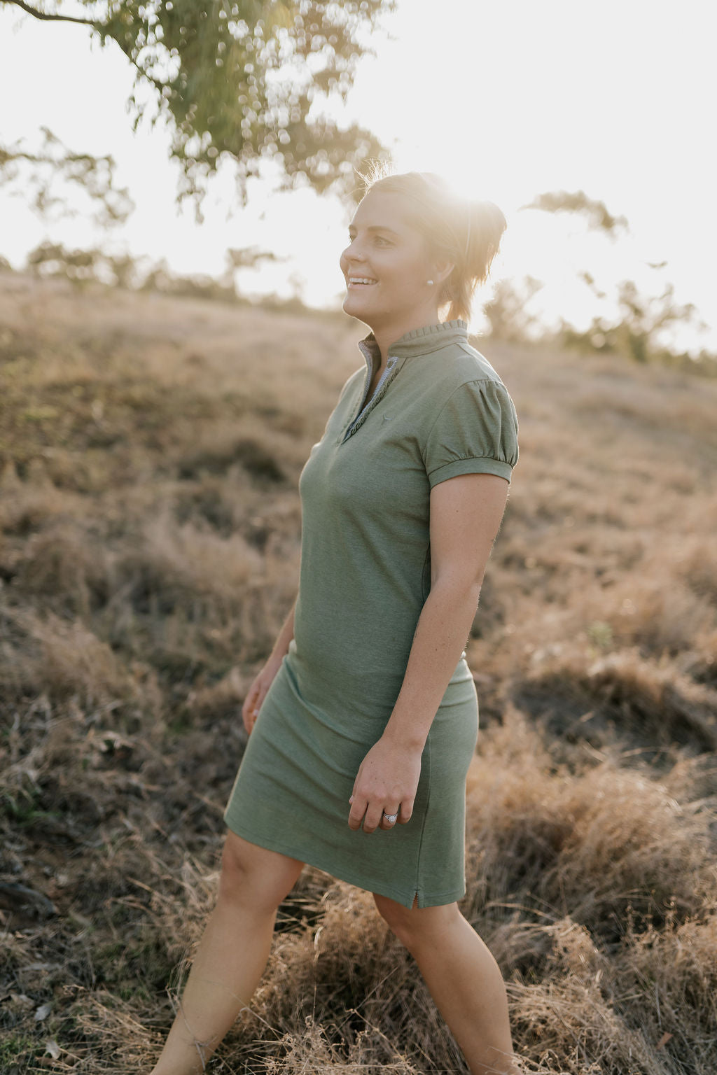 Katherine semi-fitted women's khaki polo dress worn showing polished country casual women's style