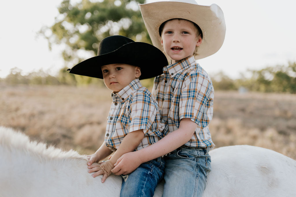 "Austin" Checked Tan Short Sleeve Shirt-Little Windmill Clothing Co