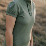 Katherine semi-fitted women's khaki polo dress fabric detail showing quality khaki fabric and finish