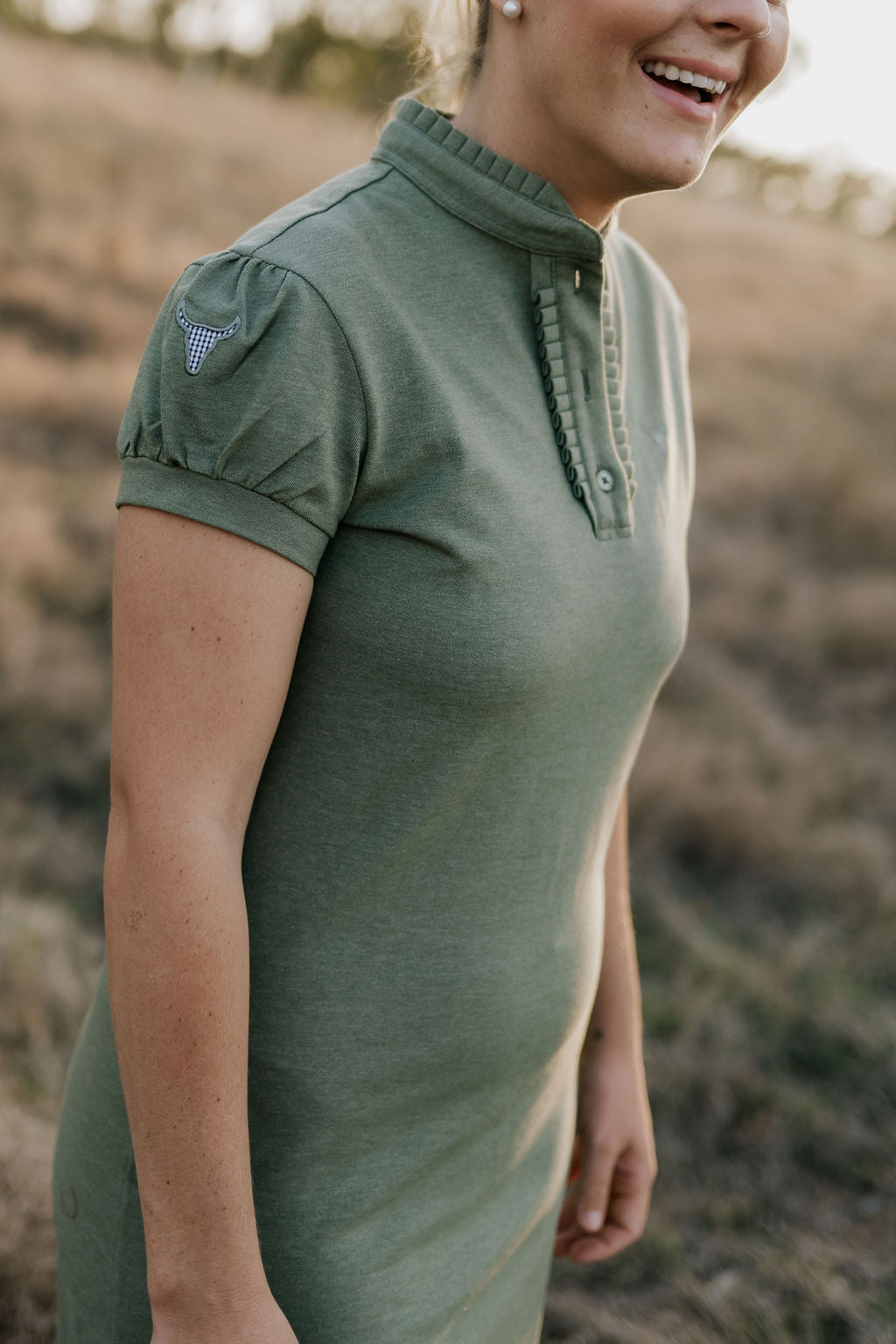 Katherine semi-fitted women's khaki polo dress fabric detail showing quality khaki fabric and finish