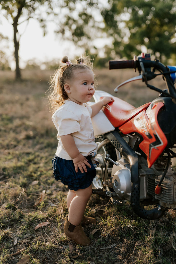 "Monica" Denim Baby Bloomers With Check Tie-Little Windmill Clothing Co