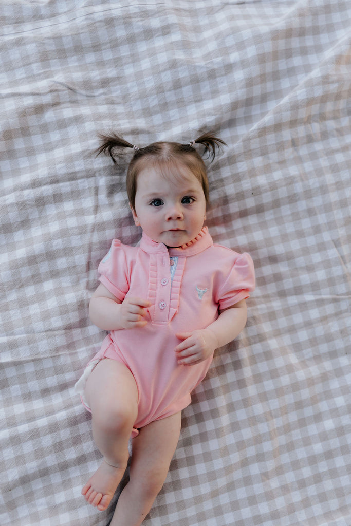 "Kiki Baby" Baby Pink Polo Romper-Little Windmill Clothing Co