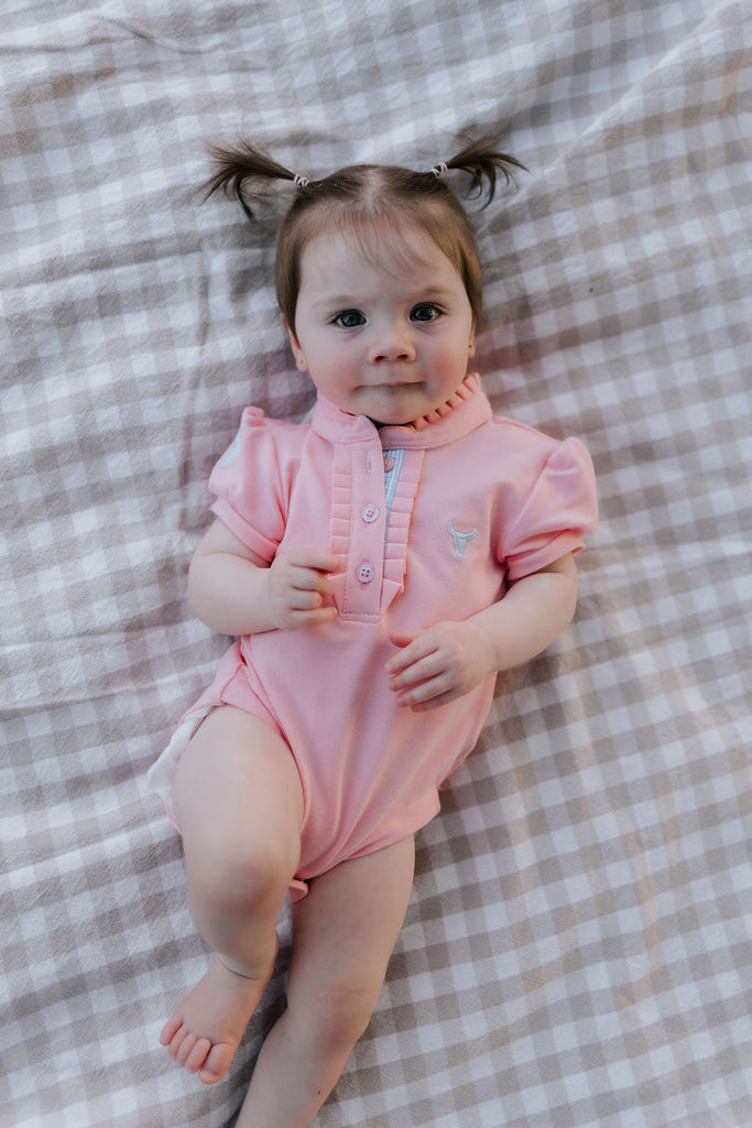 "Kiki Baby" Baby Pink Polo Romper-Little Windmill Clothing Co