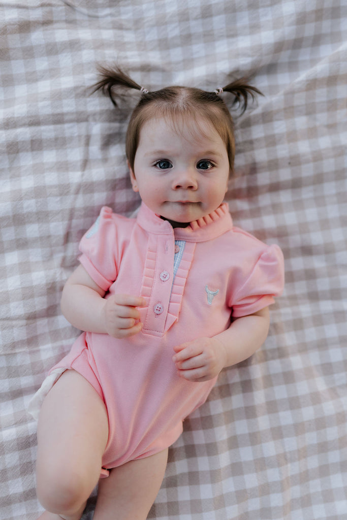 "Kiki Baby" Baby Pink Polo Romper-Little Windmill Clothing Co