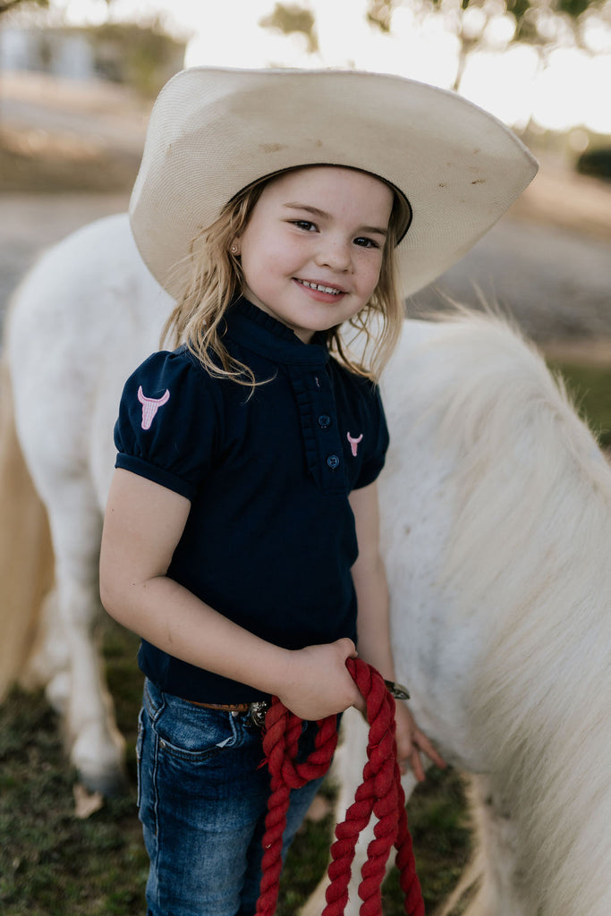 "Leah" Classic Navy Ruffle Polo-Little Windmill Clothing Co