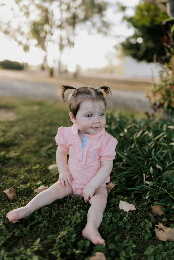 "Kiki Baby" Baby Pink Polo Romper-Little Windmill Clothing Co