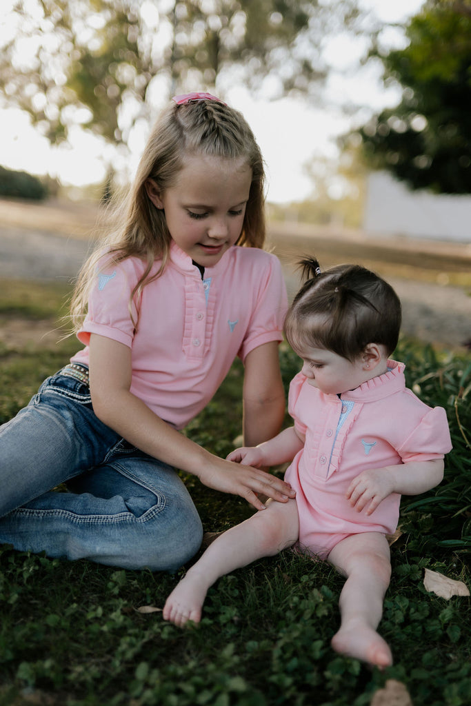 "Kiki Baby" Baby Pink Polo Romper-Little Windmill Clothing Co