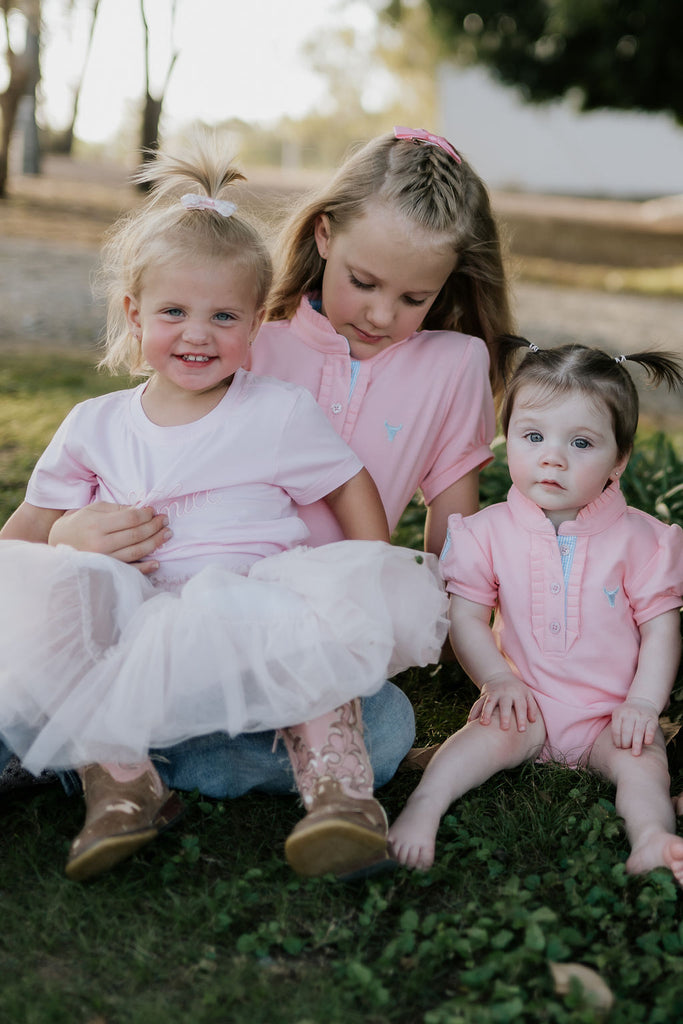 "Kiki Baby" Baby Pink Polo Romper-Little Windmill Clothing Co