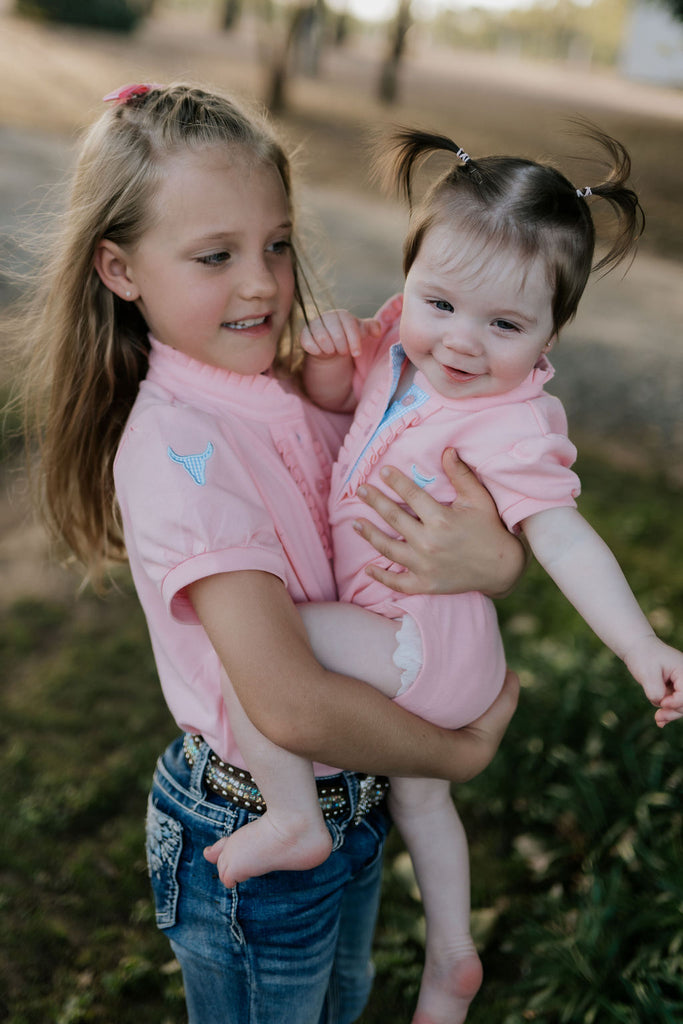 "Kiki Baby" Baby Pink Polo Romper-Little Windmill Clothing Co