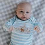 Colt blue stripe cotton jumpsuit back view showing comfortable cut and full stripe pattern