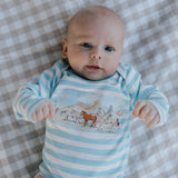 Colt blue stripe cotton jumpsuit back view showing comfortable cut and full stripe pattern