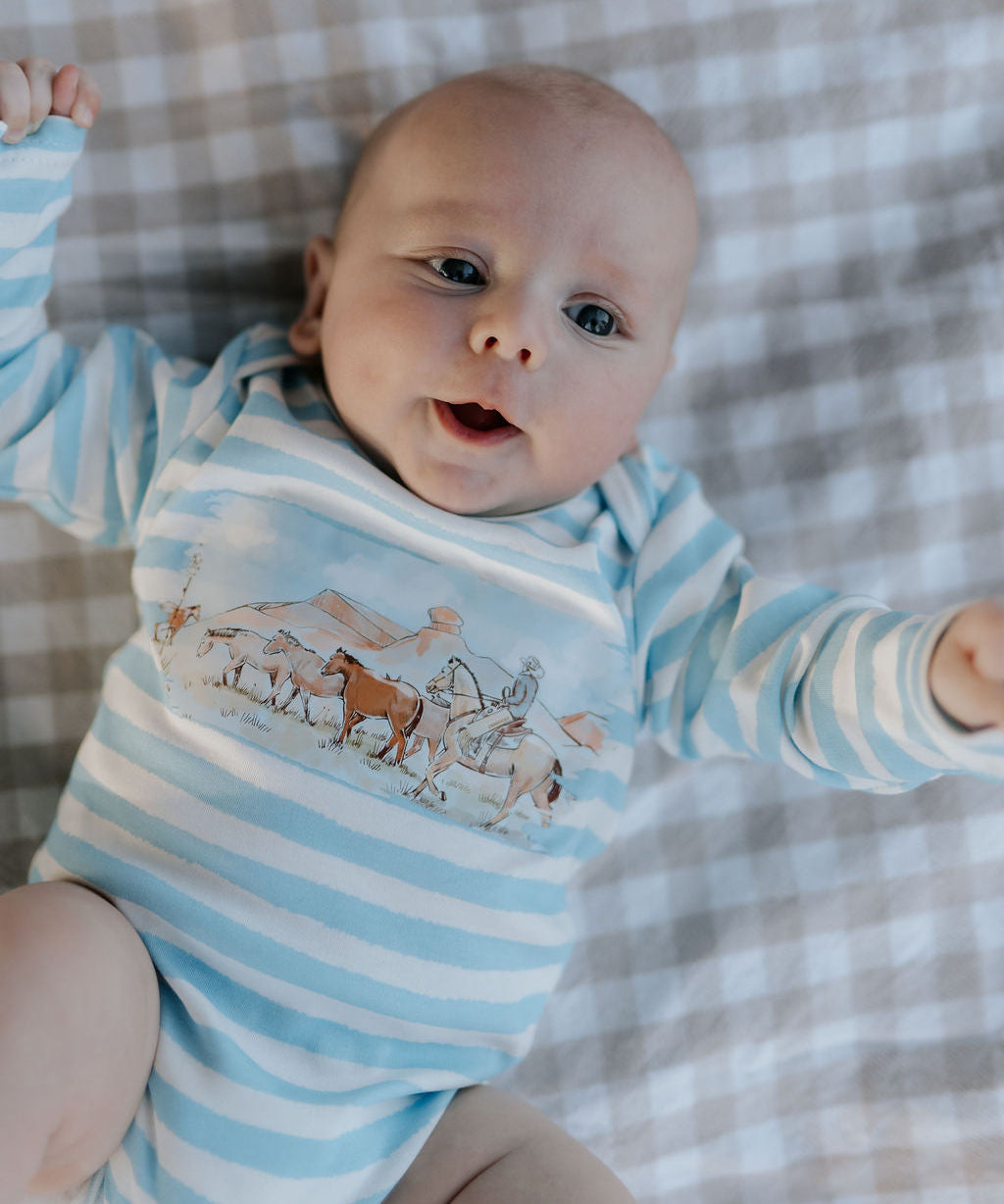 Colt blue stripe cotton jumpsuit front view showing classic blue stripe pattern on relaxed cotton jumpsuit