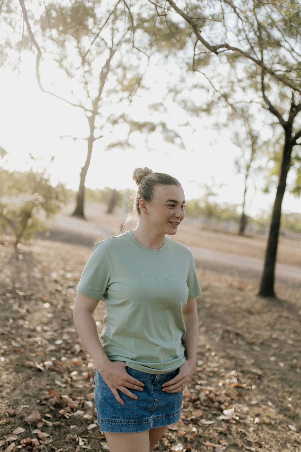 LIMITED EDITION embroidered ladies tee sage worn showing boutique quality country casual women's style