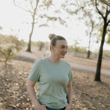 LIMITED EDITION embroidered ladies tee sage worn showing boutique quality country casual women's style