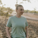 LIMITED EDITION embroidered ladies tee sage back view showing relaxed women's fit and sage green colourway