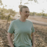 LIMITED EDITION embroidered ladies tee sage back view showing relaxed women's fit and sage green colourway