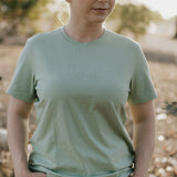 LIMITED EDITION embroidered ladies tee sage front view showing LWCC embroidered logo on soft sage green