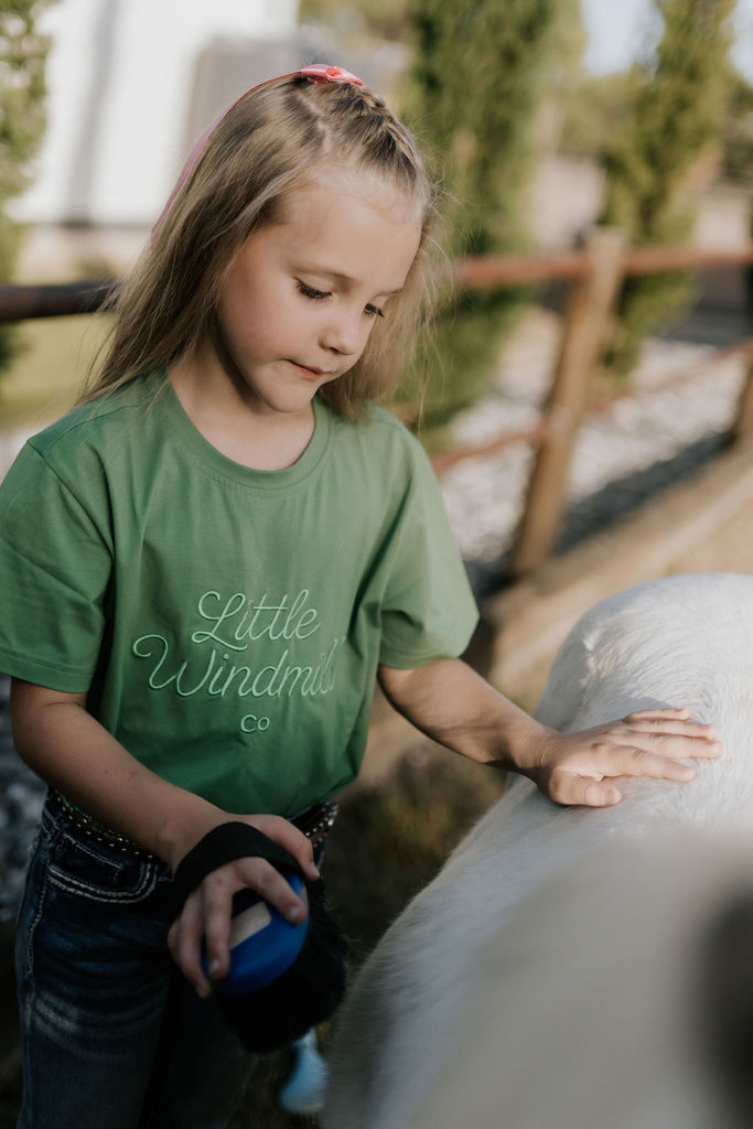 LIMITED EDITION Embroidered Tee - Kids - MOSS GREEN-Little Windmill Clothing Co
