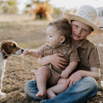 "Clay Baby" Caramel Baby Polo Romper-Little Windmill Clothing Co
