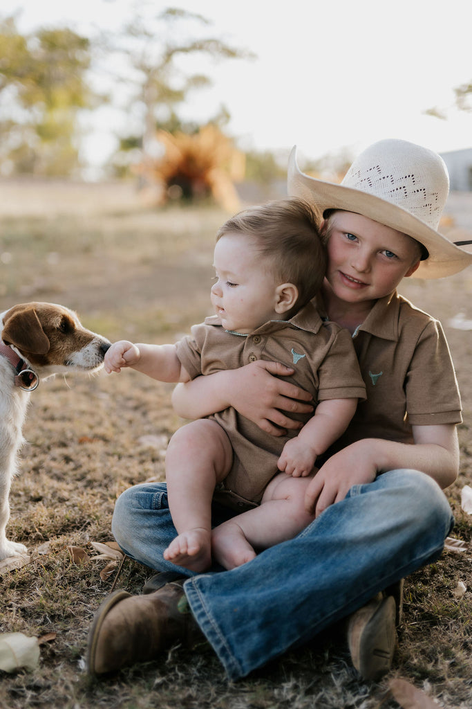 "Clay Baby" Caramel Baby Polo Romper-Little Windmill Clothing Co
