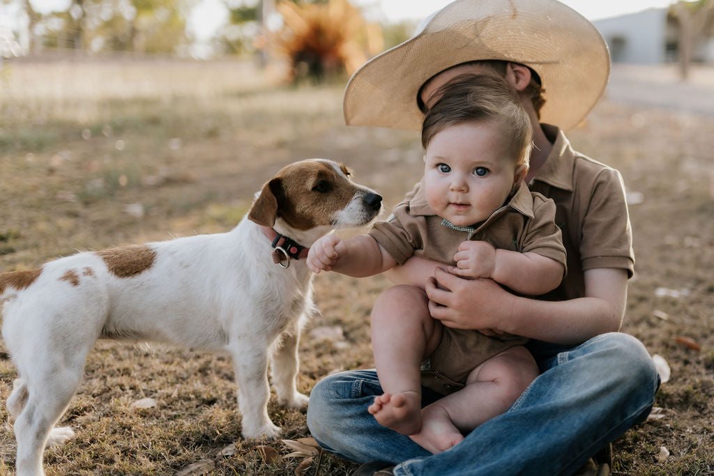 "Clay Baby" Caramel Baby Polo Romper-Little Windmill Clothing Co