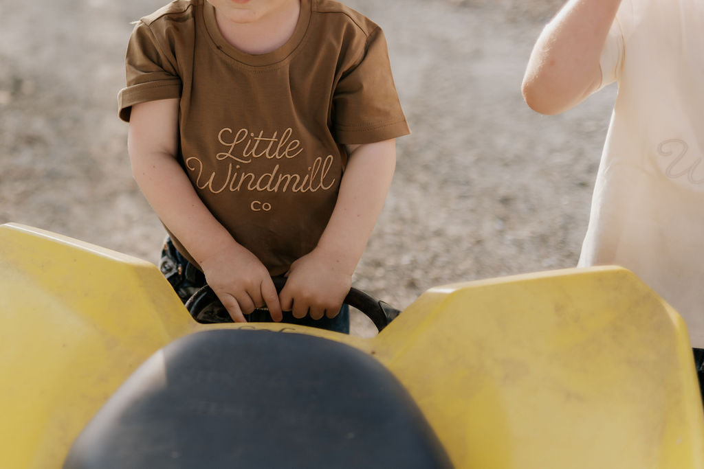 LIMITED EDITION Embroidered Tee - Kids - DUST BROWN-Little Windmill Clothing Co