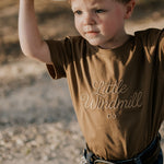 LIMITED EDITION embroidered kids tee dust brown front view showing signature LWCC logo on warm dusty brown