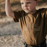 LIMITED EDITION embroidered kids tee dust brown front view showing signature LWCC logo on warm dusty brown