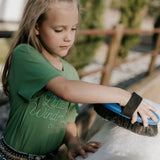 LIMITED EDITION embroidered kids tee moss green flat lay showing full design and quality embroidery