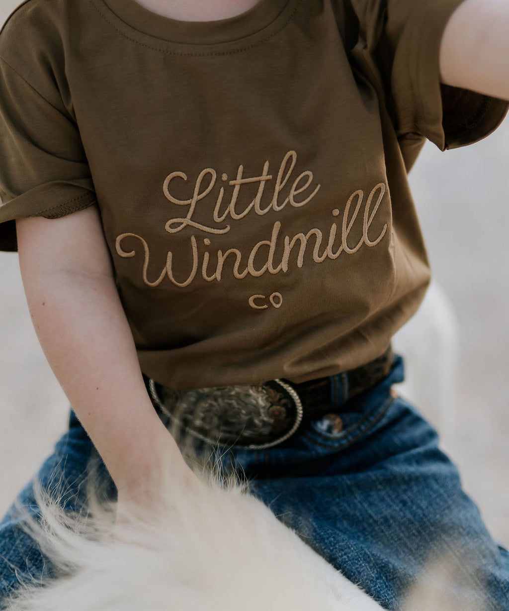 LIMITED EDITION embroidered kids tee dust brown back view showing relaxed fit and earthy dust brown