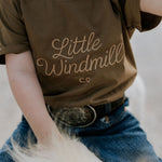 LIMITED EDITION embroidered kids tee dust brown back view showing relaxed fit and earthy dust brown