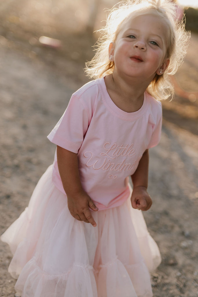 LIMITED EDITION Embroidered Tee - Kids - SOFT PINK-Little Windmill Clothing Co