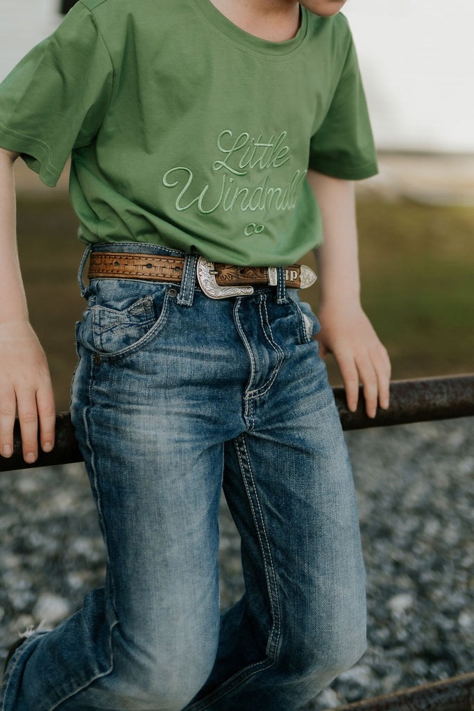 LIMITED EDITION Embroidered Tee - Kids - MOSS GREEN-Little Windmill Clothing Co