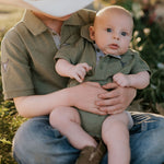 Ky Baby khaki green polo romper collar detail close-up showing quality polo collar construction