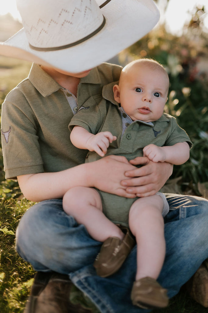"Ky Baby" Khaki Green Baby Polo Romper-Little Windmill Clothing Co