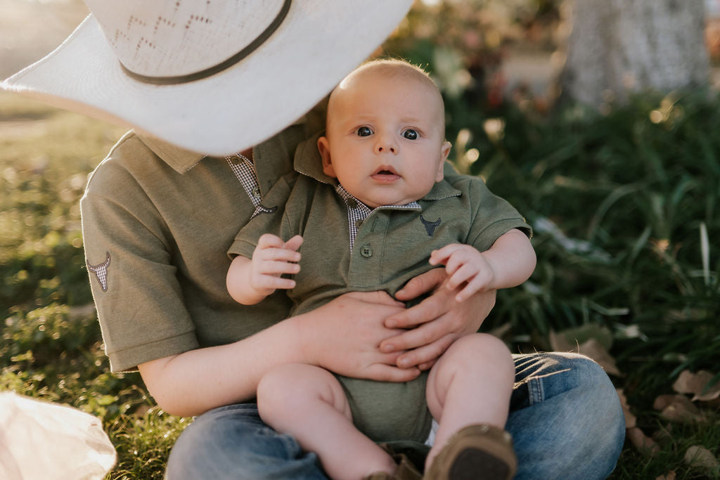 "Ky Baby" Khaki Green Baby Polo Romper-Little Windmill Clothing Co
