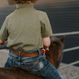 Keith khaki green polo hem detail showing classic boys polo finishing