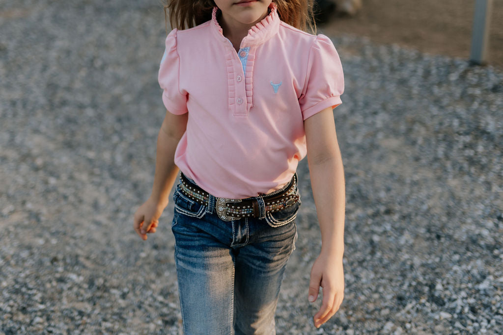 "Keira" Baby Pink Ruffle Polo-Little Windmill Clothing Co
