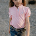 Keira baby pink ruffle polo front view showing beautiful ruffle collar in soft baby pink with feminine detail