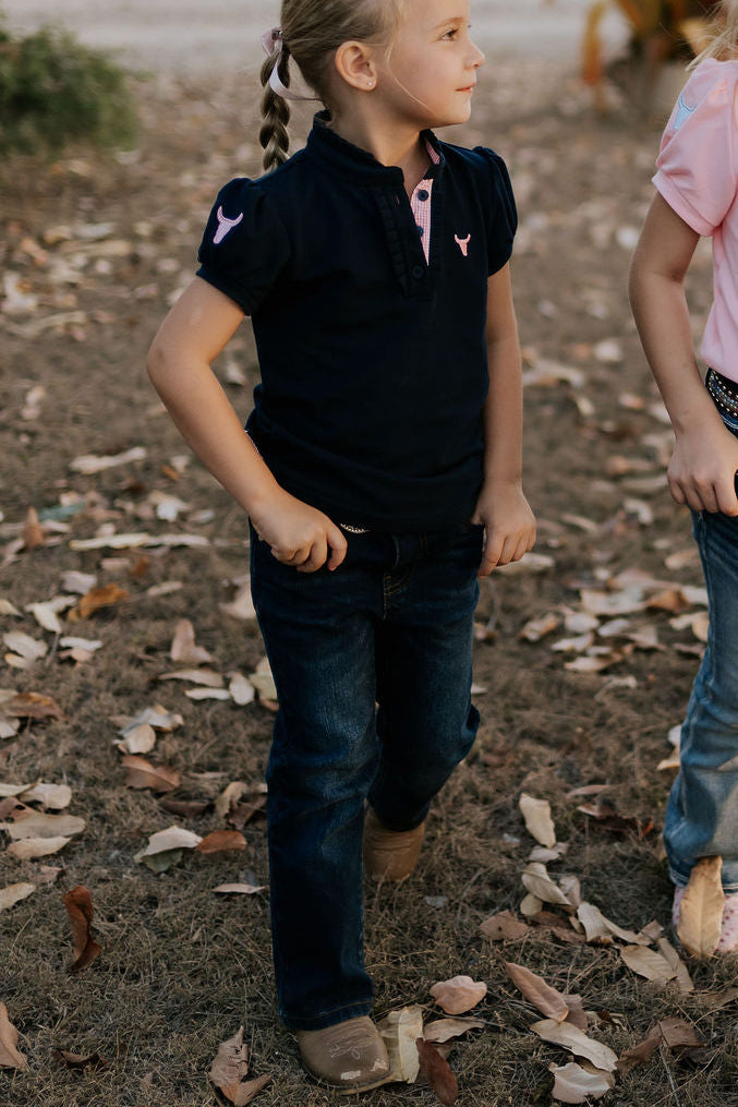 Little Windmill unisex bootcut jeans waistband detail showing quality denim waistband and belt loops