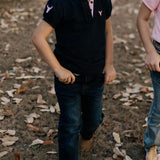 Little Windmill unisex bootcut jeans waistband detail showing quality denim waistband and belt loops