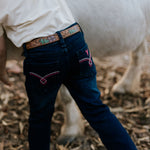 Little Windmill girls bootcut jeans flatlay showing full classic bootcut denim design