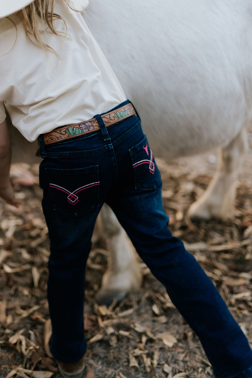 Little Windmill girls bootcut jeans flatlay showing full classic bootcut denim design