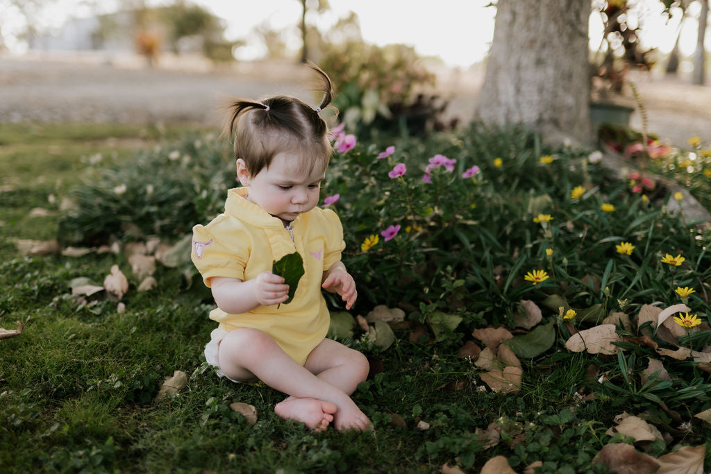 Larrisa Baby butter yellow romper worn by baby showing sweet country style in sunny yellow