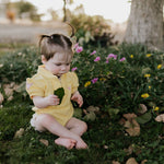 Larrisa Baby butter yellow romper worn by baby showing sweet country style in sunny yellow