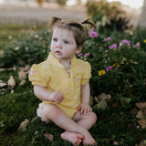 Larrisa Baby butter yellow polo romper collar detail close-up showing quality polo collar construction