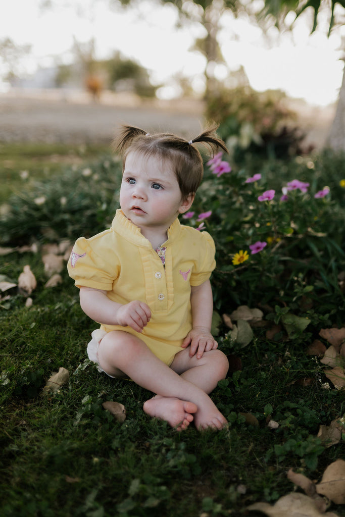 "Larrisa Baby" Butter Yellow Polo Romper-Little Windmill Clothing Co