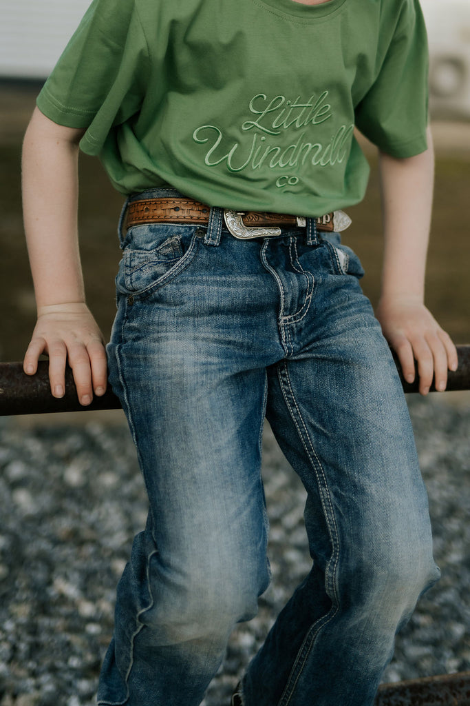 LIMITED EDITION Embroidered Tee - Kids - MOSS GREEN-Little Windmill Clothing Co